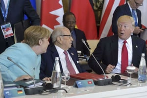 Angela Merkel, Béji Caïd Essebsi et Donald Trump, lors du sommet du G7 en Sicile, le 27 mai 2018. © Flavio Lo Scalzo/AP/SIPA