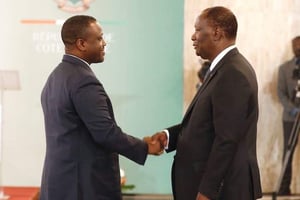 Guillaume Soro et Alassane Ouattara, le 7 janvier 2019 à Abidjan lors des vœux du chef de l’État. © DR-Présidence ivoirienne