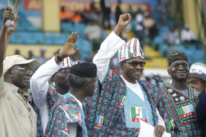 Le président nigérian Muhammadu Buhari lors d’un rassemblement à Lagos, au Nigeria, le 9 février 2019. © Sunday Alamba/AP/SIPA