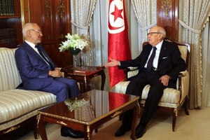 Le chef de l’État, Béji Caïd Essebsi (à dr.), et le président d’Ennahdha, Rached Ghannouchi, le 20 septembre, au palais de Carthage. © Mohamed Hammi/SIPA