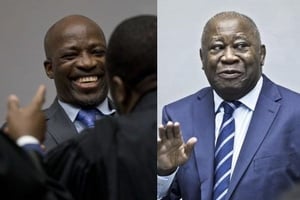Charles Blé Goudé et Laurent Gbagbo (à d.) à La Haye, le 15 janvier 2019, le jour de leur acquittement. © Peter Dejong/AP/SIPA