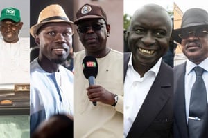 De gauche à droite : Issa Sall, Ousmane Sonko, Macky Sall, Idrissa Seck et Madicke Niang. © Photomontage / Photos : REA / Sipa / Jeune Afrique