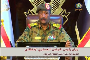 Capture d’écran de la télévision nationale soudanaise lors du discours à la Nation du nouveau homme fort du pays, le général Abdel Fattah al-Burhane, le 13 avril 2019 à Khartoum. © AFP