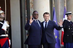 Le président sénégalais Macky Sall et son homologue français Emmanuel Macron, à l’Élysée le 15 mai 2019. © Francois Mori/AP/SIPA