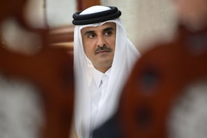 L’émir du Qatar, Sheikh Tamim bin Hamad Al Thani, au Tadjikistan, le 15 juin 2019. © Alexei Druzhinin/AP/Sipa
