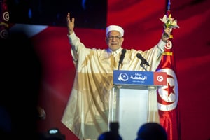Abdelfattah Mourou, le candidat du parti islamiste Ennahdha à l’élection présidentielle, vendredi 30 août 2019 lors d’un meeting à Tunis. © Hassene Dridi/AP/SIPA
