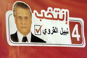 Une affiche du candidat à l’élection présidentielle tunisienne Nabil Karoui. © Hassene Dridi/AP/SIPA