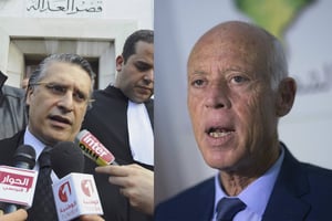 Kaïs Saïed (à droite) et Nabil Karoui, les deux finalistes du second tour de l’élection présidentielle tunisienne. © AP Photo