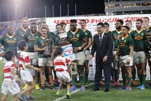 Des joueurs sud-africains de rugby au Japon, le 6 septembre 2019. © Eugene Hoshiko/AP/SIPA