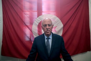 Kaïs Saïed à son quartier général à Tunis, mardi 17 septembre 2019 après la proclamation officielle des résultats le donnant en tête du premier tour de l’élection présidentielle. © Mosa’ab Elshamy/AP/SIPA
