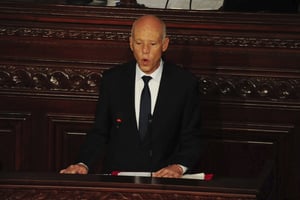 Le nouveau président Kaïs Saïed prononçant son discours d’investiture devant le Parlement, mercredi 23 octobre 2019 à Tunis. © Hassene Dridi/AP/SIPA