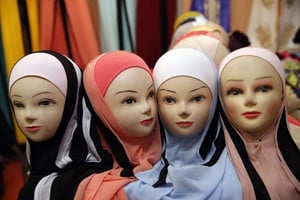 Des mannequins voilées exposées à la Foire musulmane du Bourget, près de Paris, en mars 2018 (image d’illustration). © Christophe Ena/AP/SIPA