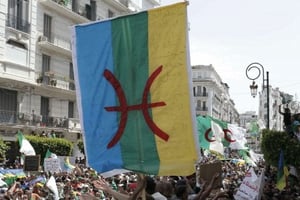 Des manifestants brandissant un drapeau amazigh, vendredi 21 juin 2019 à Alger. © Anis Belghoul/AP/SIPA