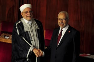 Le président sortant du Parlement Abdelfattah Mourou et Rached Ghannouchi, le 13 novembre 2019 à Tunis. © Hassene Dridi/AP/SIPA