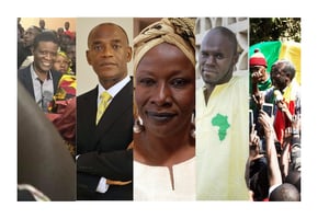De gauche à droite : Clément Dembélé, Mamadou Koulibaly, Aminata Dramane Traoré, Kemi Seba et Oumar Mariko. © Photomontage Jeune Afrique