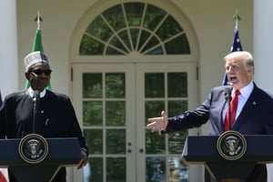 Le président américain Donald Trump et le président nigérian  Muhammadu Buhari, à Washington, le 30avril 2018. © Susan Walsh/AP/SIPA