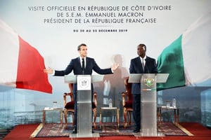 Conférence de presse des chefs d’État français et ivoirien, au palais présidentiel, à Abidjan, le 21 décembre 2019. © Ludovic MARIN/AFP