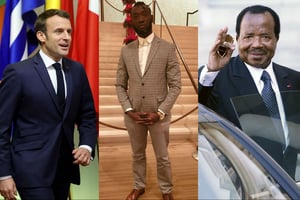 Emmanuel Macron, Calibri Calibro et Paul Biya. (Photomontage). © Photos : Sipa AP / DR / Sipa AP