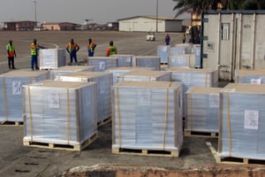 Des bulletins de vote pour le double scrutin de ce dimanche 1er mars en Guinée, à l’aéroport de Conakry le 18 février 2020. © REUTERS/Stringer