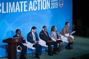 Bhutan Prime Minister Lotay Tshering speaks during the Climate Action Summit 2019 at the 74th session of the United Nations General Assembly, at U.N. headquarters, Monday, Sept. 23, 2019. From left are African Development Bank president Akinwumi Adesina, Masen President Mustapha Bakkoury, Malawi’s President Arthur Peter Mutharika, Ethiopian President Sahle-Work Zewde, and Tshering. (AP Photo/Craig Ruttle)/UNCR145/19266781087436//1909240005 © Craig Ruttle/AP/SIPA