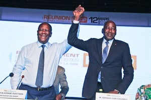 Alassane Ouattara (à g.) et Amadou Gon Coulibaly, le 12 mars, à l’Hôtel Ivoire. © DR