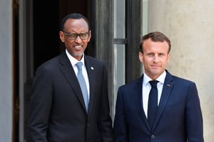 Le président français Emmanuel Macron et le président rwandais Paul Kagame, le 23 mai 2018, à l’Élysée. © Julien Mattia/NurPhoto/AFP