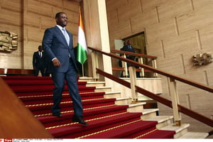 L’ancien Premier ministre Guillaume Soro après une rencontre avec le président ivoirien Alassane Ouattara au palais présidentiel d’Abidjan, en Côte d’Ivoire, en mars 2012. © Emanuel Ekra/AP/SIPA