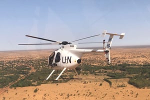 Un hélicoptère en appui à une patrouille de la Minusma dans le cercle de Koro, le 5 mai 2020. © Minusma