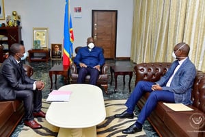 Jérôme Munyangi, le médecin pro-artemisia congolais (d.), lors de sa rencontre avec le président Félix Tshisekedi, le 12 mai 2020. © DR : présidence RDC