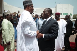 Le président ivoirien Alassane Ouattara et son homologue nigérian, Muhammadu Buhari, le 30 octobre 2017 à Abidjan.au Palais de la Présidence d’Abuja. © Présidence ivoirienne