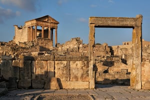 Considéré comme la « petite ville romaine la mieux conservée de l’Afrique du Nord », le site de Dougga (ou Thugga), situé à Téboursouk, dans le Nord-Ouest de la Tunisie, est classé sur la liste du patrimoine mondial de l’Unesco. © Manuel Cohen/Epicureans