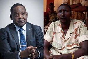 Le Premier ministre centrafricain Firmin Ngrebada (ici en novembre 2019) et le chef rebelle Ali Darass (ici en 2014 dans son fief de Bambari). © Photos : Vincent Fournier/JA ; REUTERS/Emmanuel Braun