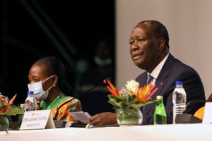 Alassane Ouattara, lors du meeting du RHDP, le 29 juillet 2020. © REUTERS/Luc Gnago