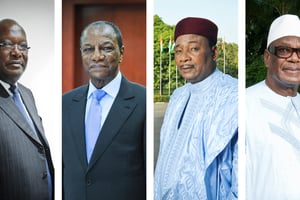 De gauche à droite, la « bande des quatre » : Roch Marc Christian Kaboré, président du Burkina, Alpha Condé, son homologue guinéen, Mahamadou Issoufou, le chef de l’État du Niger, et Ibrahim Boubacar Keïta, ancien dirigeant du Mali. © V. FOURNIER/JA