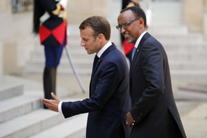 Emmanuel Macron et Paul Kagame, à l’Élysée, le 23 mai 2018. © Francois Mori/AP/Sipa