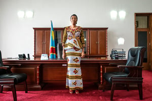 Jeannine Mabunda, dans son bureau du Palais du Peuple, siège de l’Assemblée, à Kinshasa, RDC, le 11 mai 2019. © Caroline Thirion