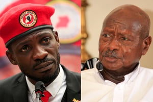 À gauche : le musicien ougandais devenu opposant Robert Kyagulanyi, alias Bobi Wine. À droite : son adversaire à la présidentielle, le chef de l’État sortant Yoweri Museveni. © Montage photo James Akena/REUTERS – RACHEL MABALA