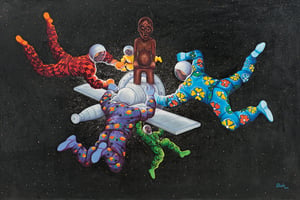 Monsengo Shula, Ata Ndele Mokili Ekobaluka (Tôt ou tard le monde changera), 2014 Acrylique et paillettes sur toile, 130 x 200 cm © Collection privée, Monsengo Shula, Florian Kleinefen