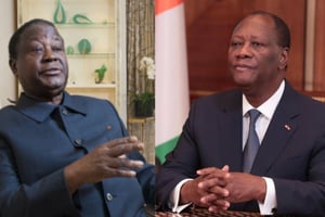Si Alassane Ouattara (ici le 31 décembre 2020 à Abidjan) et Henri Konan Bédié (ici en 2019 à Paris) appellent tous deux au dialogue, l’opposant ivoirien refuse de reconnaître l’élection du président. © Photos : Vincent Fournier pour JA / Présidence CI