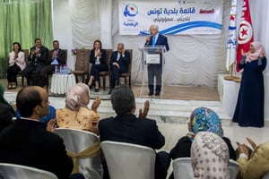 Le leader du parti islamiste Ennahdha, Rachid Ghannouchi, prononce un discours devant ses partisans le 14 avril 2018 à Tunis. © Hassene Dridi/AP/SIPA