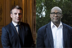 Emmanuel Macron et Achille Mbembe © Photomontage : Photos : Francois Grivelet pour JA / Vincent Fournier pour JA