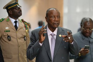 Le président guinéen Alpha Condé au siège de l’Union africaine, à Addis-Abeba, en février 2020. © MICHAEL TEWELDE/AFP