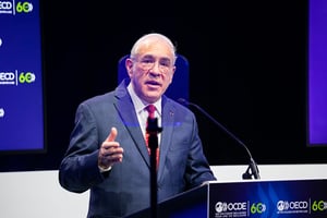 Angel Gurria, secrétaire général de l’OCDE, lors du 60e anniversaire de la signature de la convention relative a l’OCDE à Paris, en décembre 2020.