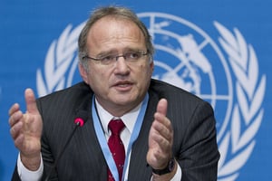 Christof Heyns au siège européen de l’ONU, à Genève, en 2011 © Salvatore Di Nolfi/AP/SIPA