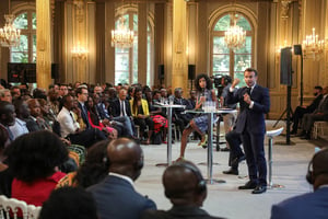 Emmanuel Macron lors d’un débat intitulé « Parlons d’Afrique », organisé à l’Élysée, le 11 juillet 2019. © LUDOVIC MARIN/POOL/EPA/MAXPPP