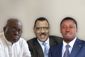 Nana Akufo-Addo (Ghana), Mohamed Bazoum (Niger) et Faure Gnassingbé (Togo). © Montage JA : Francis Kokoroko ; Vincent FOURNIER/JA ; Présidence Togolaise