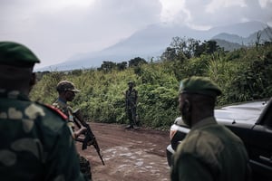 Soldats congolais près du village de Kibumba, près de Goma, en février 2021. © ALEXIS HUGUET/AFP