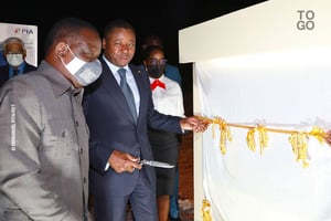 Faure Gnassingbè lors de l’inauguration de  la plateforme industrielle d’Adetikope, le 6 juin 2021. © Emmanuel Pita/ROT