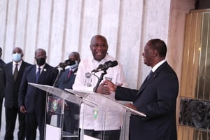 Laurent Gbagbo et Alassane Ouattara, le 28 juillet 2021, à la présidence ivoirienne. © DR / Présidence CI