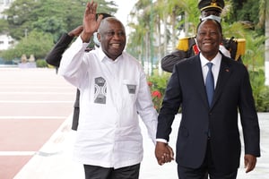 Laurent Gbagbo et Alassane Ouattara, le 27 juillet. © CYRILLE BAH/Anadolu Agency via AFP